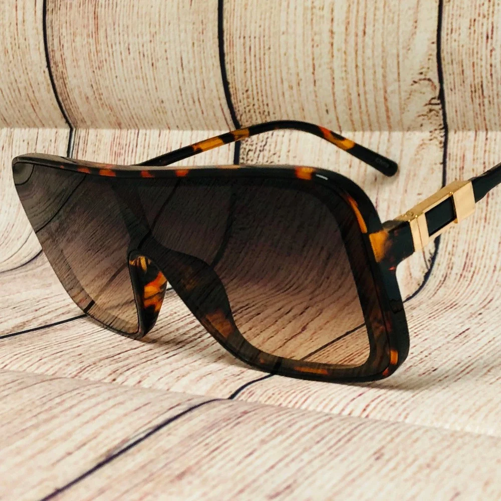 Women Oversized Shield Sunglasses Brown‎ Flat Lens Fashion Visor Trendy Shades